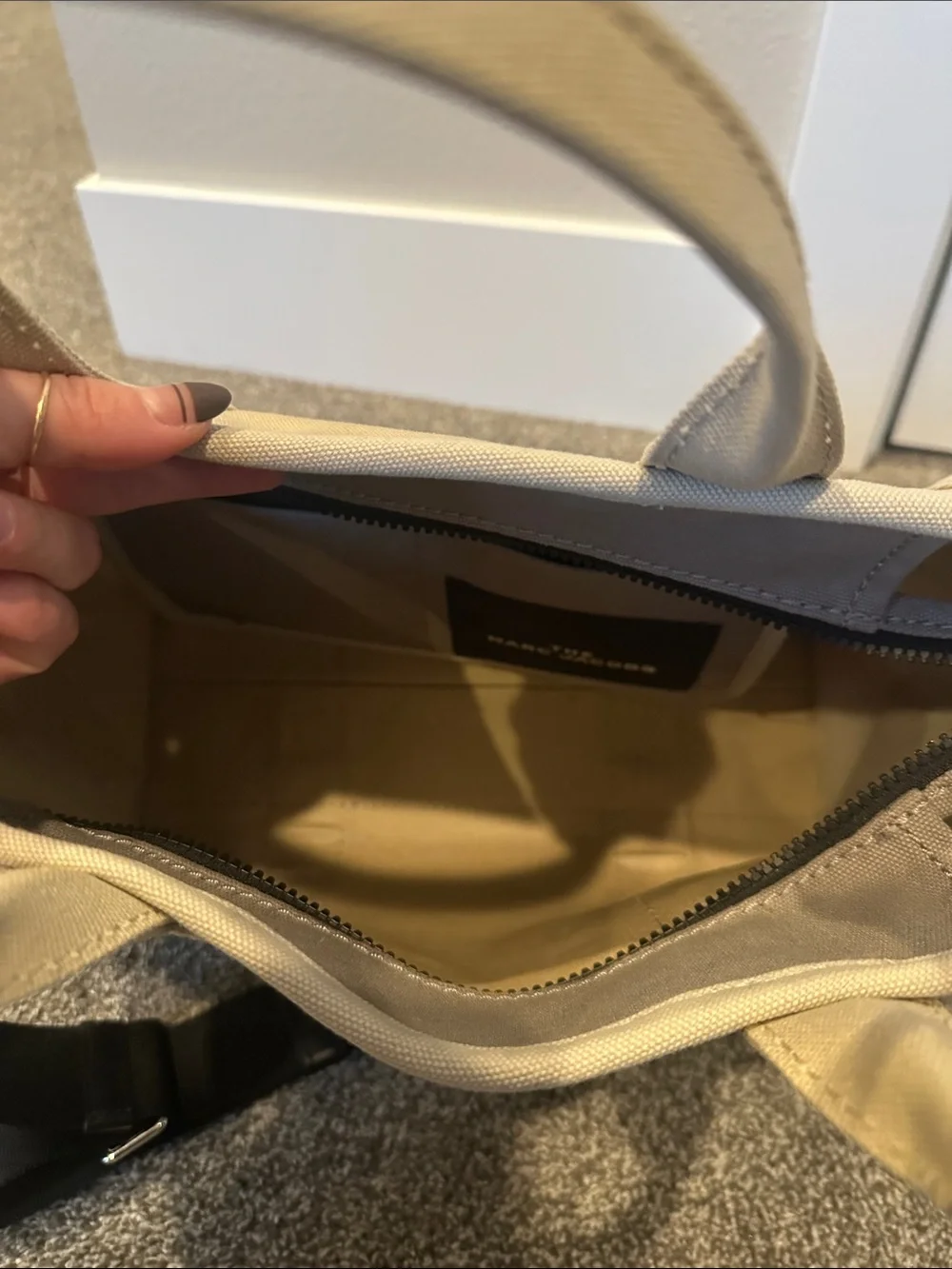 Marc Jacobs Beige Canvas Tote with Black Strap and White Logo